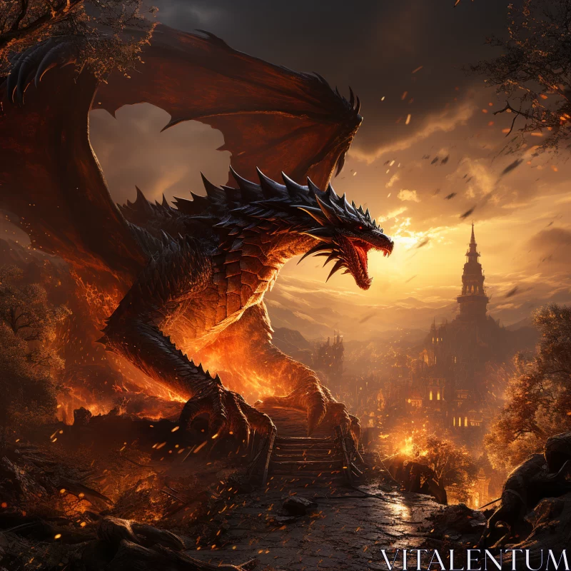Fiery Dragon Over Ancient Castle: An Epic Landscape AI Image