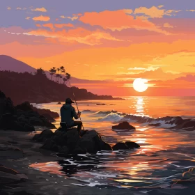 Man Fishing at Sunset - Color Zone Art Style AI Image