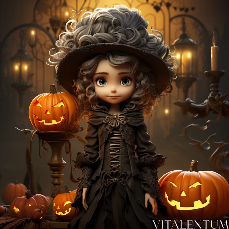 Cute Halloween Girl in a Baroque Cartoon Style Garden AI Image