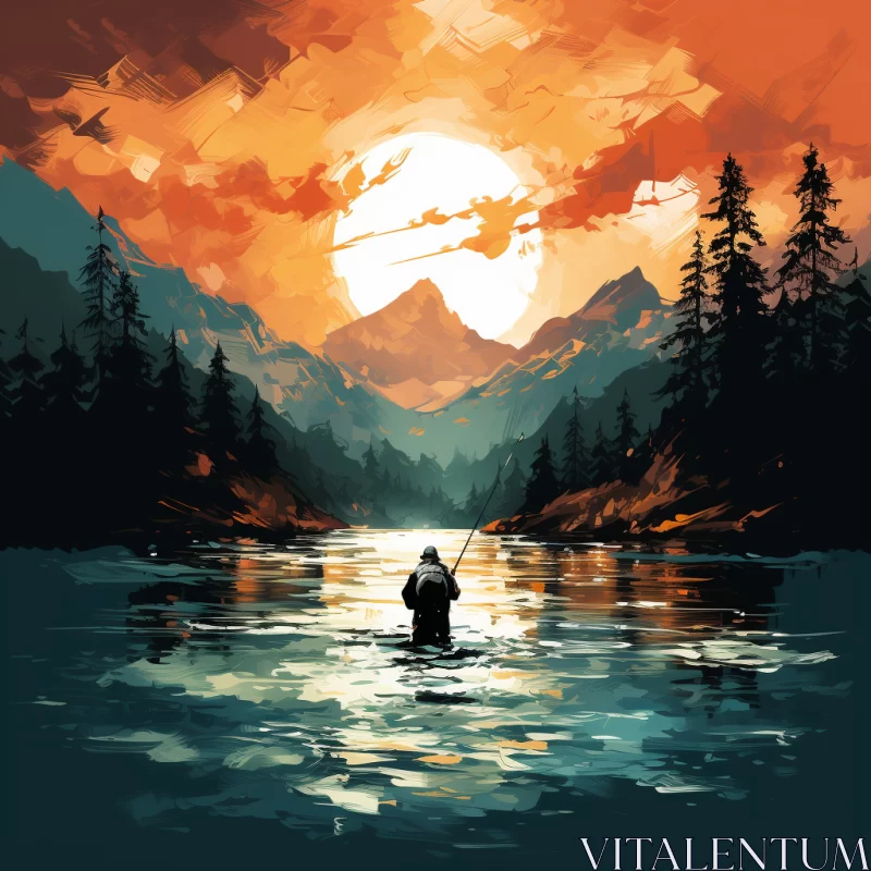 Man Fishing on Lake at Sunset - Digital Stencil Art AI Image