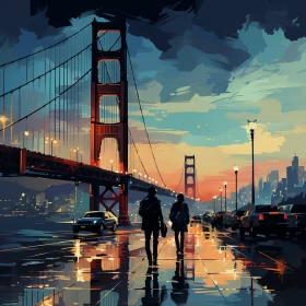 Pixelated Landscape Art of a Couple Walking in the City AI Image