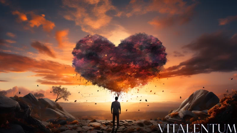 Abstract Romantic Sunset: Man and Heart Shape AI Image