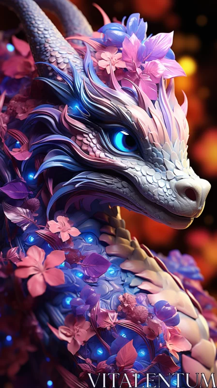 Blue-Eyed Dragon with Floral Crown Illustration AI Image