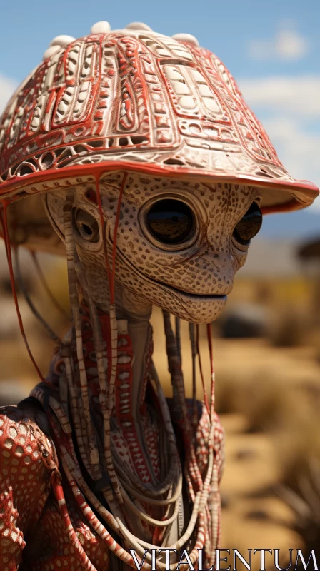 Steampunk Inspired Alien Creature in Desert Landscape AI Image