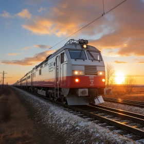 Passenger Train During Sunset: A Timeless Capture in Light Gray and Red AI Image