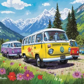 VW Camper Vans in Acrylic Colors Amidst Mountainous Landscape AI Image