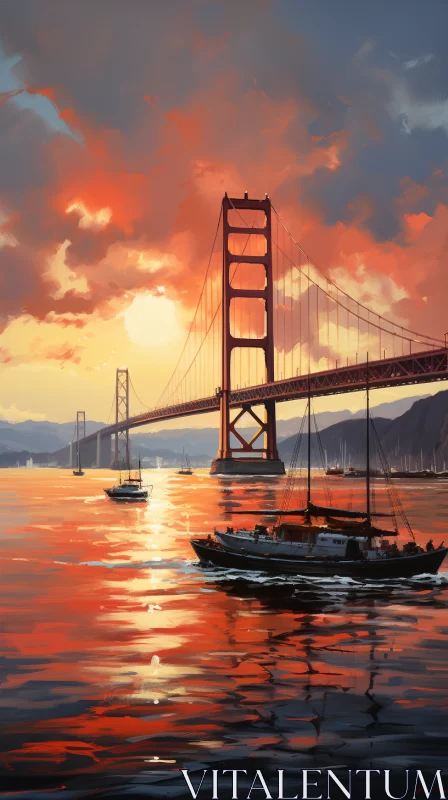 AI ART Golden Gate Bridge in Warm Light - A Detailed Seascape Illustration