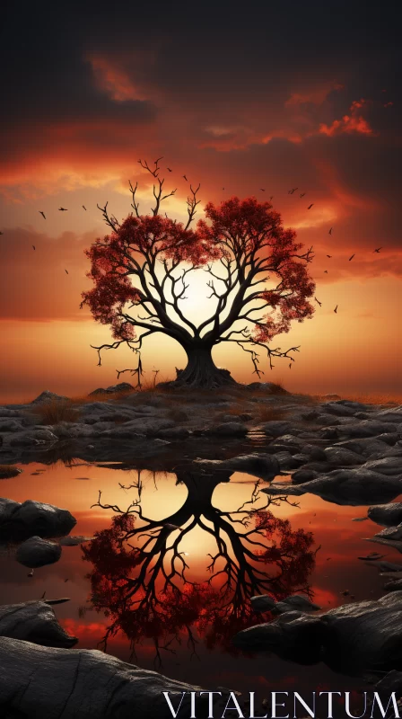 Surreal Nature: Heart-Shaped Tree in Sunset AI Image