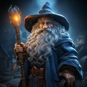 Enchanting Wizard Holding Torch in Azure Cloak AI Image