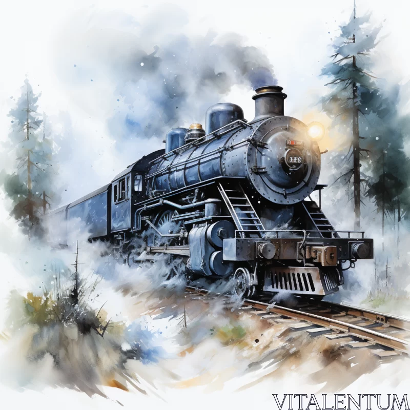 Vintage Steam Locomotive in Snowy Landscape - Watercolor Illustration AI Image