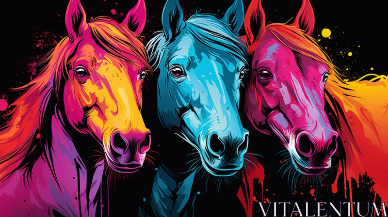 Neon-Infused Digitalism - Three Colored Horse Heads Artwork AI Image