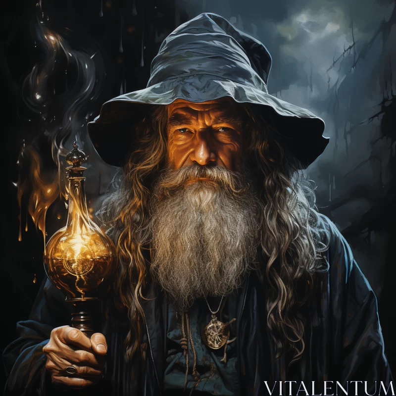 Wizard with Golden Lamp: Rustic Realism and Detailed Portraits AI Image
