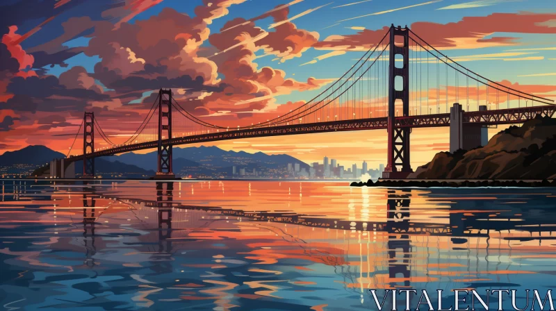 AI ART Golden Gate Bridge at Sunset: A Colorful Pixel-Art Illustration