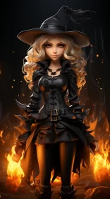 Mysterious Witch in Flames: Anime-Inspired Cartoon Realism Art AI Image