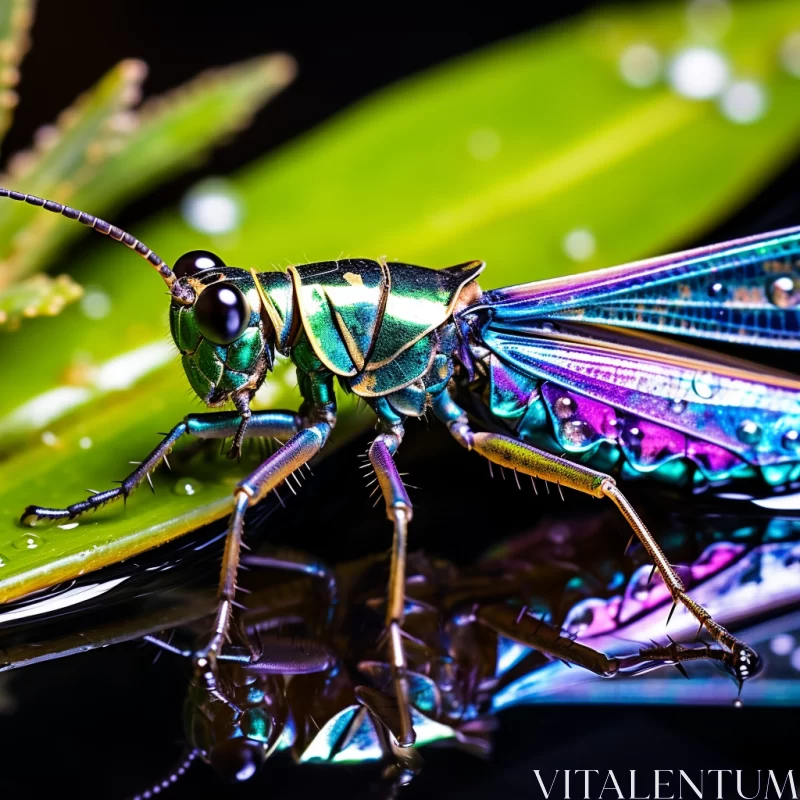 Intriguing Insect on Leaf: A Blend of Reality and Neon Realism AI Image