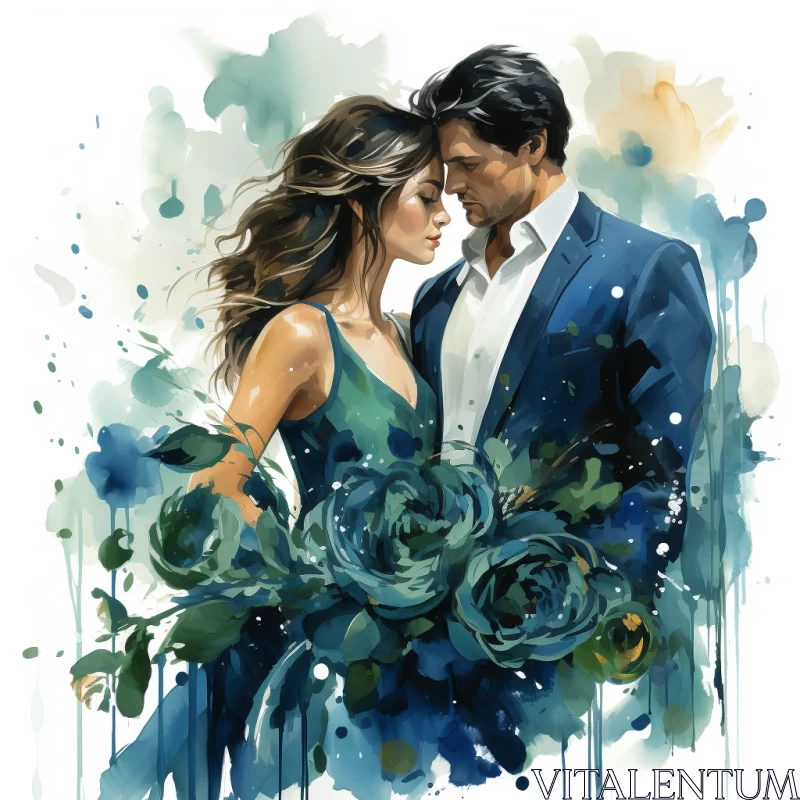 Romantic Watercolor Illustration of Couple with Flowers AI Image