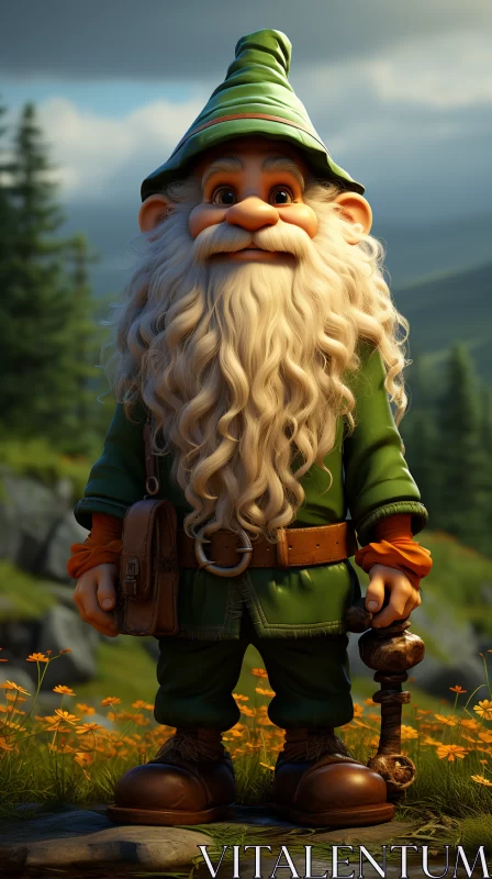 Charming Green Gnome in Mountainous Vistas AI Image