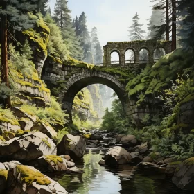 Enchanting Forest Bridge Painting in Romantic Ruins Style AI Image