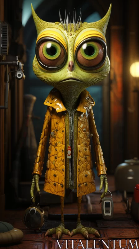 Sci-Fi Inspired Green Owl in Yellow Attire - 3D Rendered Artwork AI Image