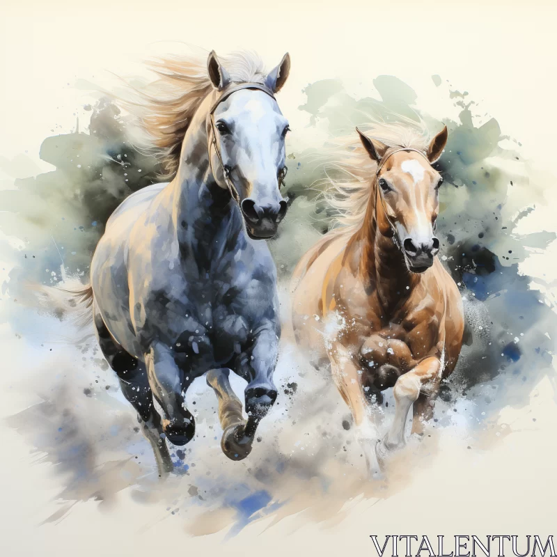 Watercolor Illustration of Spirited Horses Running AI Image