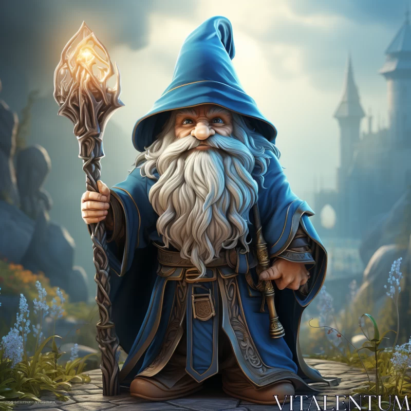 Fantastical Wizard Illustration in Tranquil Gardenscape AI Image