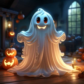 Cute Cartoon Ghost Amidst Halloween Pumpkins AI Image