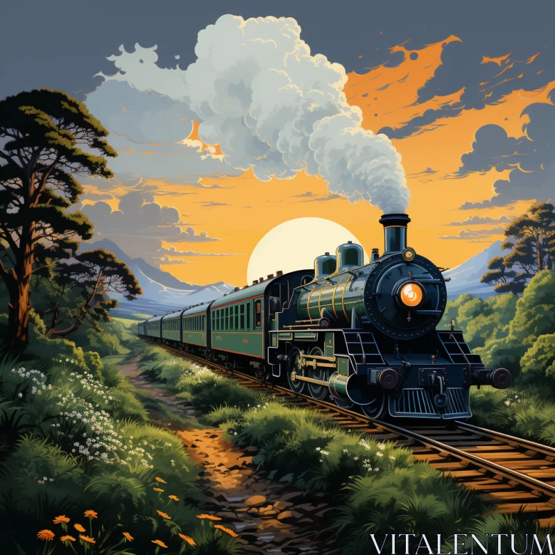 AI ART Art Nouveau Train at Sunset: Nature-Inspired Artwork