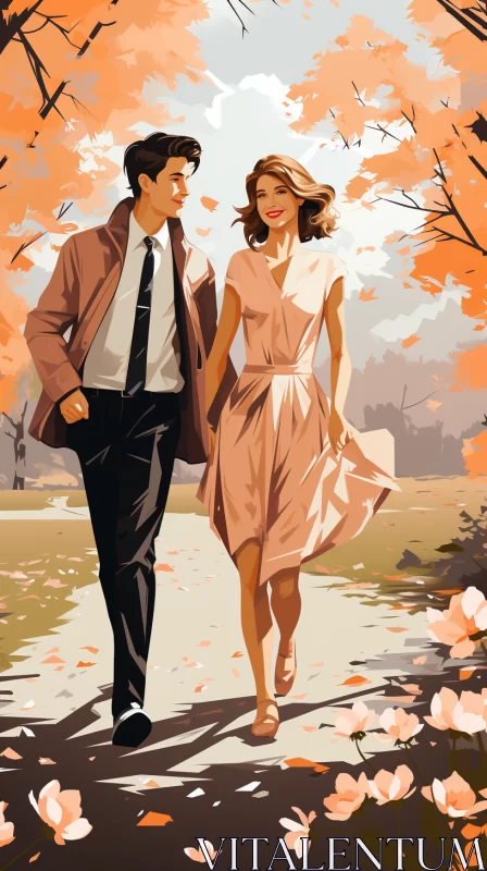 Vintage Style Romantic Illustration of Couple in Park AI Image