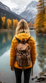 Autumnal Hiking Scene: Woman by Lake in Swiss Precisionist Style AI Image