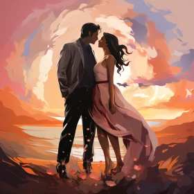 Romantic Sunset Scene with Couple - Speedpainting Style AI Image