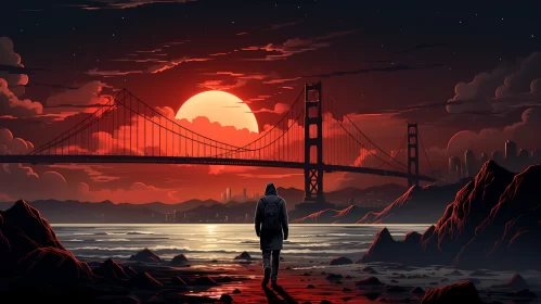 Sunrise Apocalypse: Golden Gate Bridge in Sci-Fi Anime Style AI Image