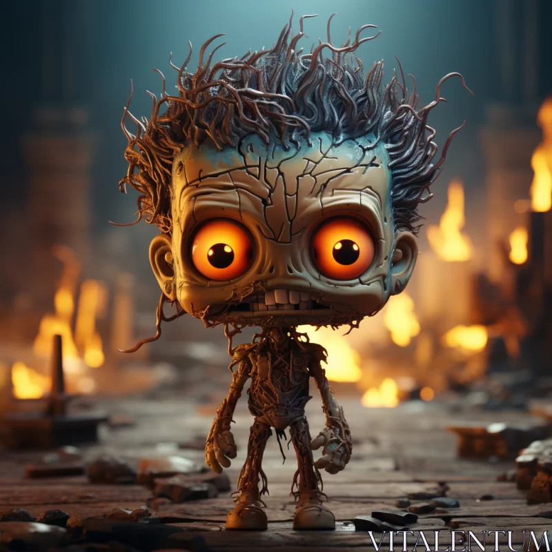 Post-apocalyptic Toy-like Skeleton Character in Fire Scene AI Image