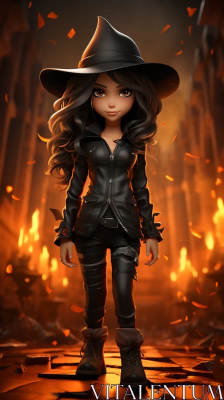 AI ART Charming Witch Amidst Erupting Flames: A Blend of Cartoon and Realism