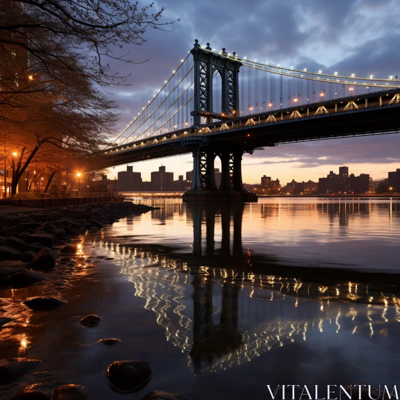 Majestic New York Cityscape: A Light Blue Bridge over Water AI Image