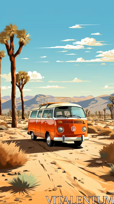 Retro Orange VW Van in Desert Landscape - Digital Painting AI Image
