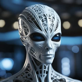 Technological Marvels: 3D Alien Model with Big Blue Eyes AI Image