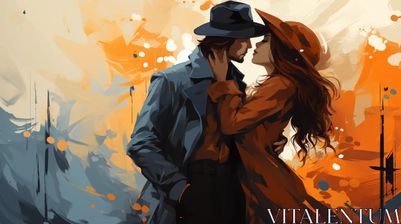 Digital Painting of Romantic Kiss in Crimson and Amber AI Image