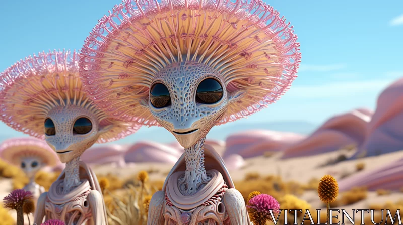 Surrealistic Scene: Pink Aliens in the Desert AI Image