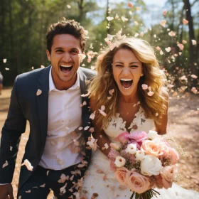 Bride and Groom in Joyful Chaos: A Whimsical Wilderness Wedding AI Image