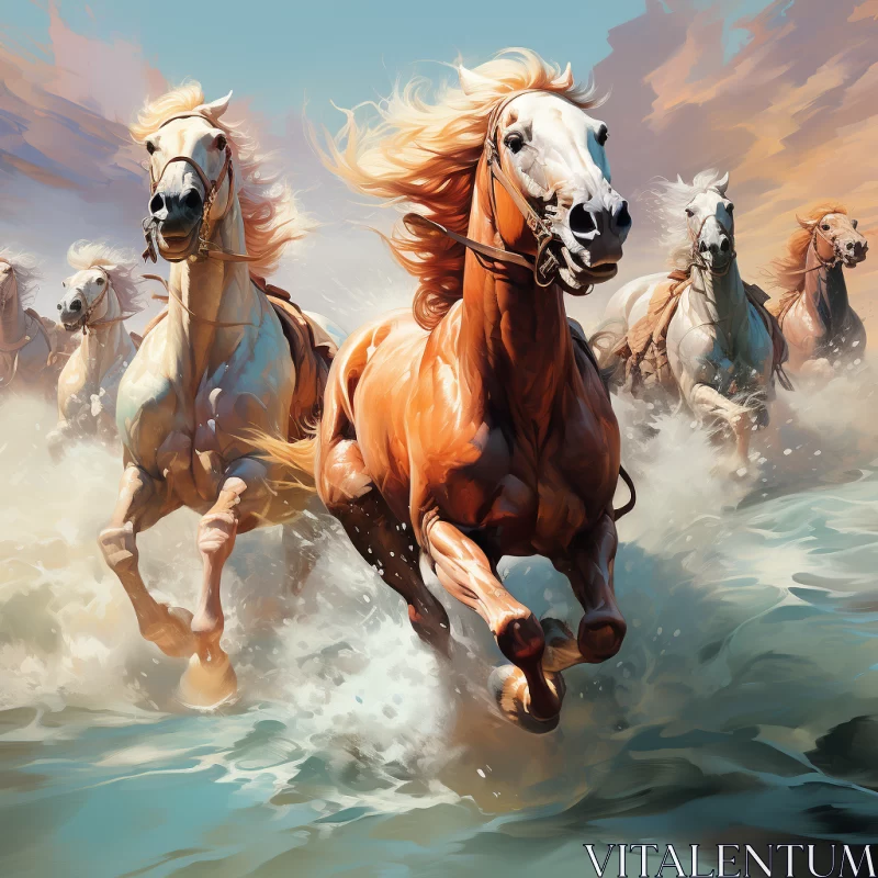 Marine Paintings: Horses Running Through Water AI Image