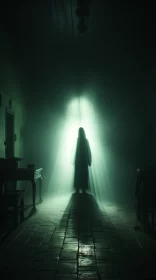 Spectral Figure in Doorway: Green Academia and Religious Symbolism AI Image