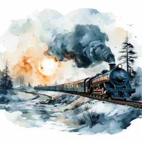Watercolor Steam Train Illustration with Sunset and Snow AI Image