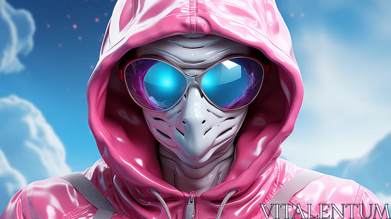 Surreal Sci-Fi Art: Woman in Pink Hoodie under Pink Sky AI Image