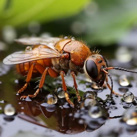 Mythical Brown Bee on Water Droplets - A Fawncore Depiction AI Image