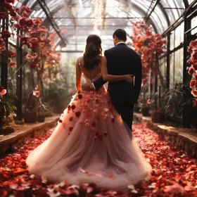 Romantic Greenhouse Wedding: A Stroll Among Red Petals AI Image