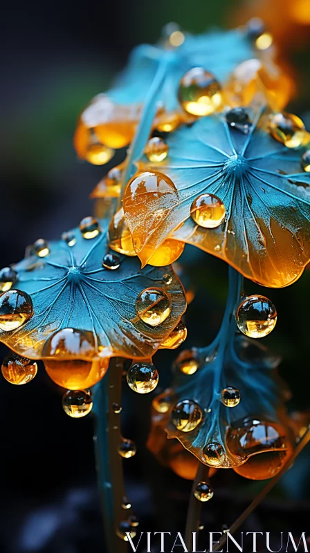 AI ART Enchanting Aquamarine Water Droplets on Leaves - Solarpunk Style