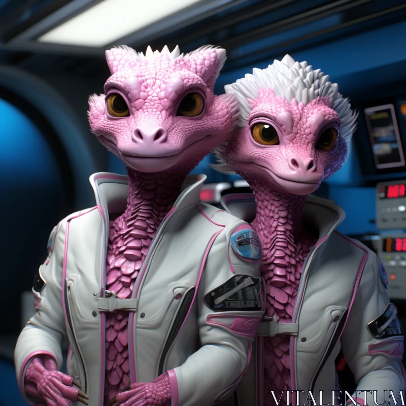 Pink Dinosaurs in Space Station: A Detailed Portrayal AI Image