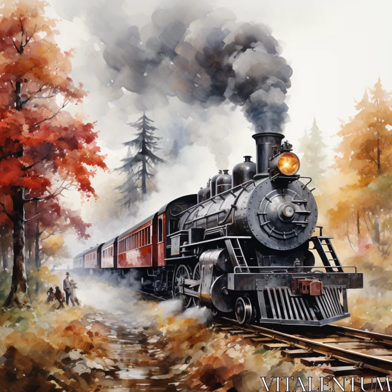 Steam Locomotive in Vibrant Watercolor Landscape AI Image