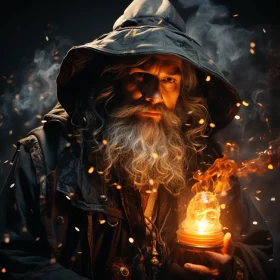 Wizard with Lantern Amidst Flames - A Portrait in Precisionism AI Image