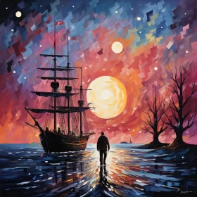 Psychedelic Impressionist Painting of Man and Sail Ship AI Image